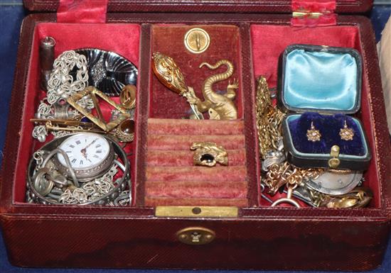 A box of assorted jewellery, including pair of Edwardian yellow metal and seed pearl earrings and a yellow metal ring.